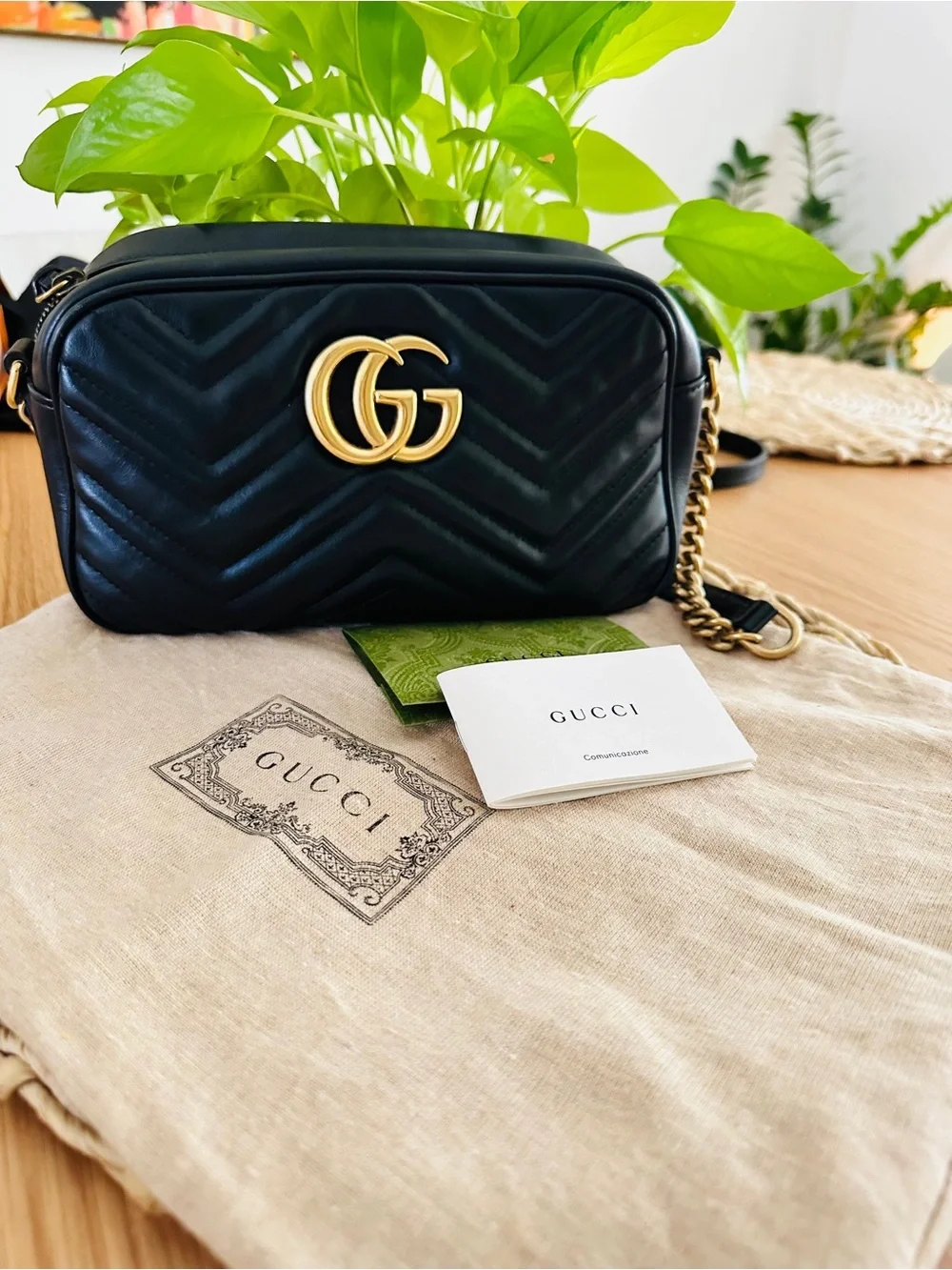 Gucci Black Chevron GG Marmont Camera Crossbody with Gold Hardware